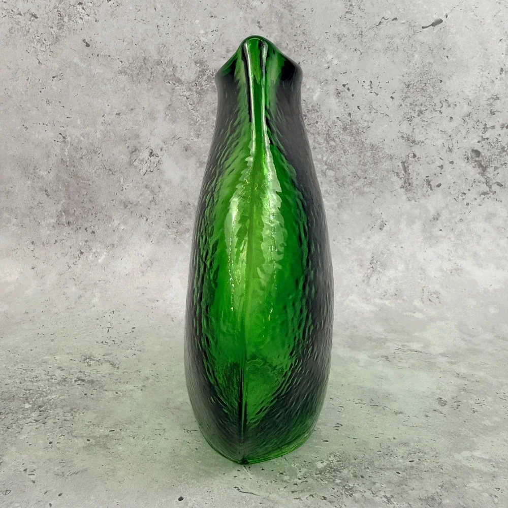 Mid Century Green Glass Pillow Vase Large Textured Hand Blown MCM